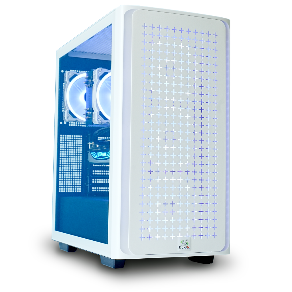 White and blue RGB gaming pc with checkers pattern