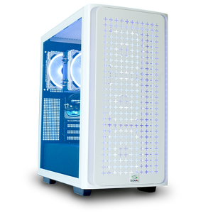 White and blue RGB gaming pc with checkers pattern